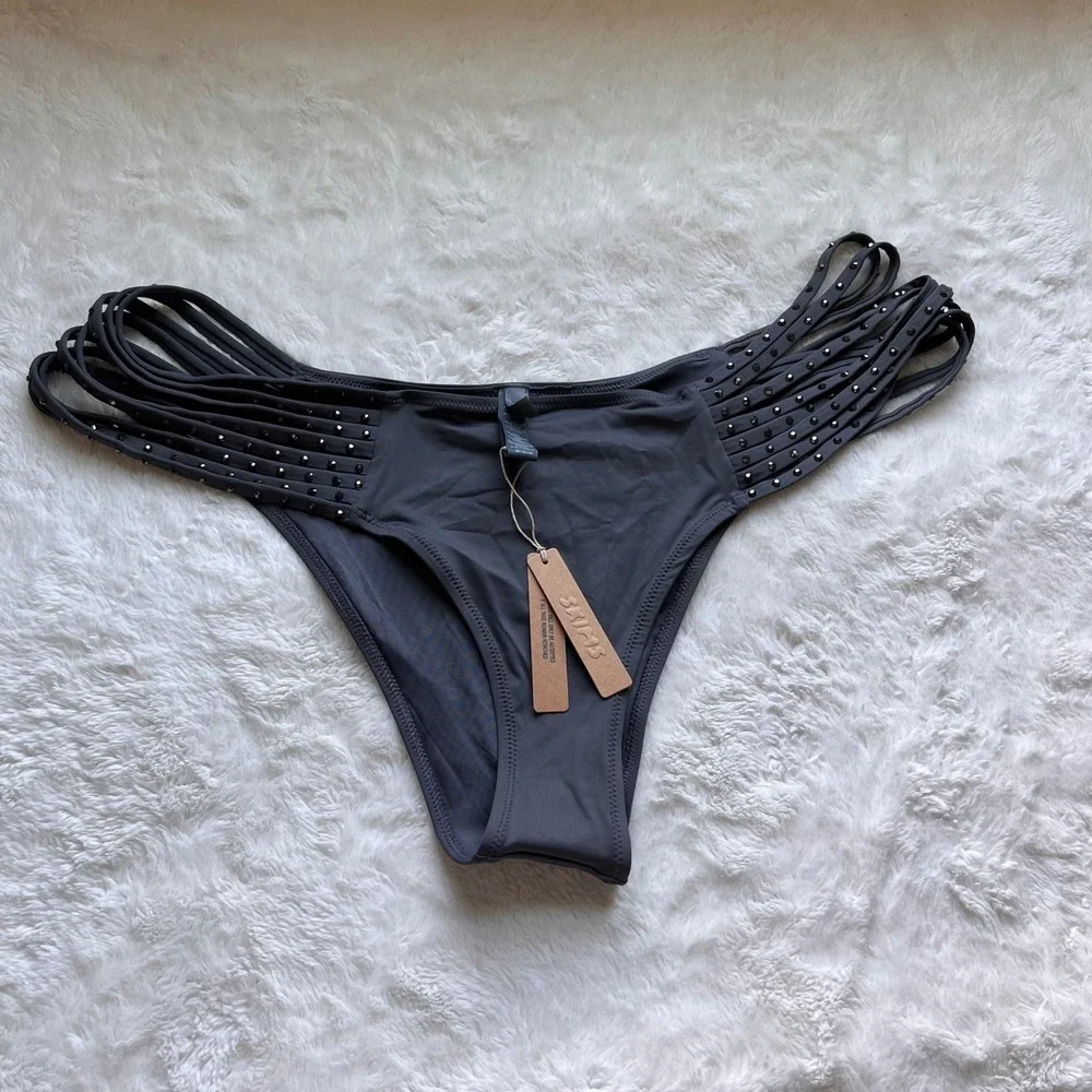 SKIMS Rhinestone Swim Strappy Bikini Bottom Gunmetal BB-CKY-3185 Womens 3X NEW